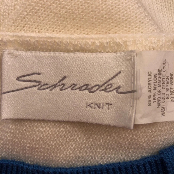Vintage SCHRADER KNIT Sz ? Blue & Cream Dress - Picture 5 of 9